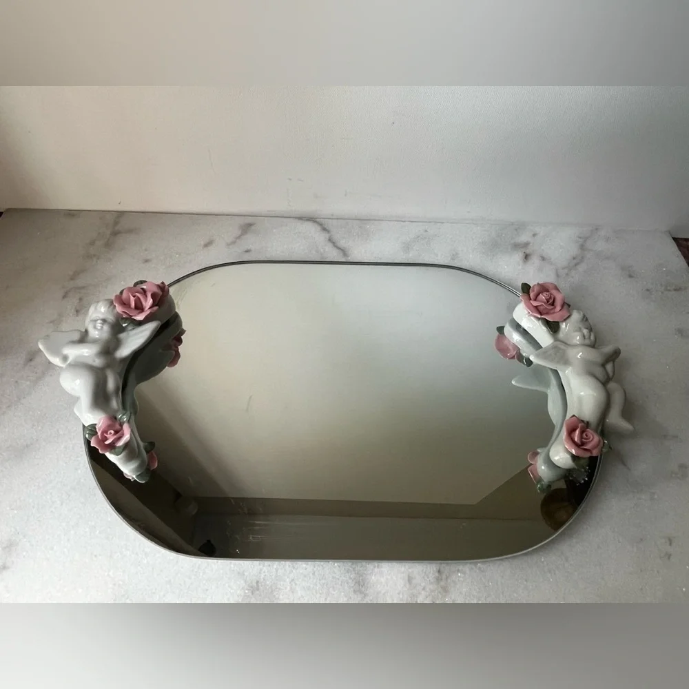 Decorative Mirror vanity tray with Pink Floral and cherubs Accents
